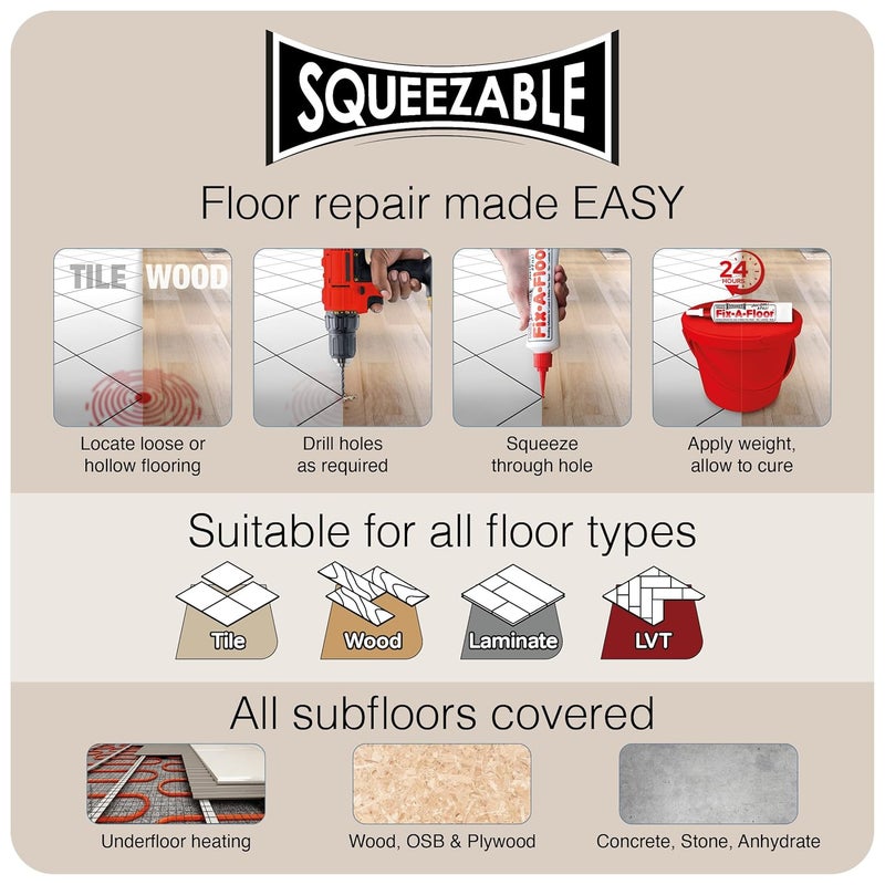Fix-A-Floor لاصق الإصلاح الأصلي الشامل لجميع أنواع البلاط الخفيف، المجوف، والصاخب والخشب. فقط قم بالحفر والملء! سهل الاستخدام! مصنوع في الولايات المتحدة الأمريكية! - Image 4